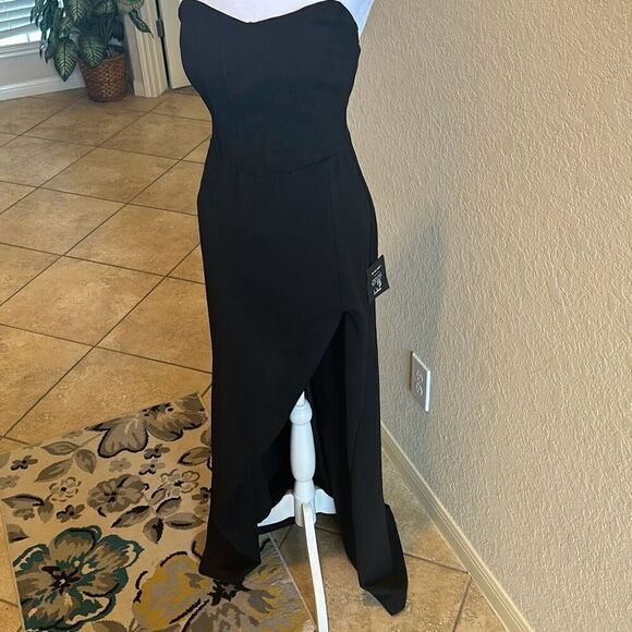 Lulus M Strapless Bustier Corset Maxi Dress Solid Black High Slit Evening Formal - Picture 2 of 12
